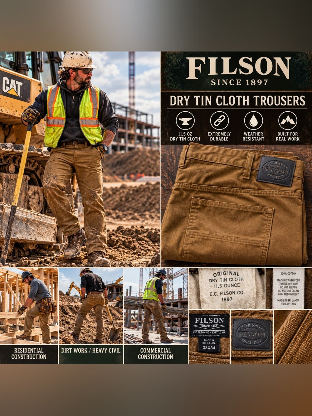 Filson Dry Tin Cloth Work Pants 38x34 Brown 11.5 oz Heritage Workwear
